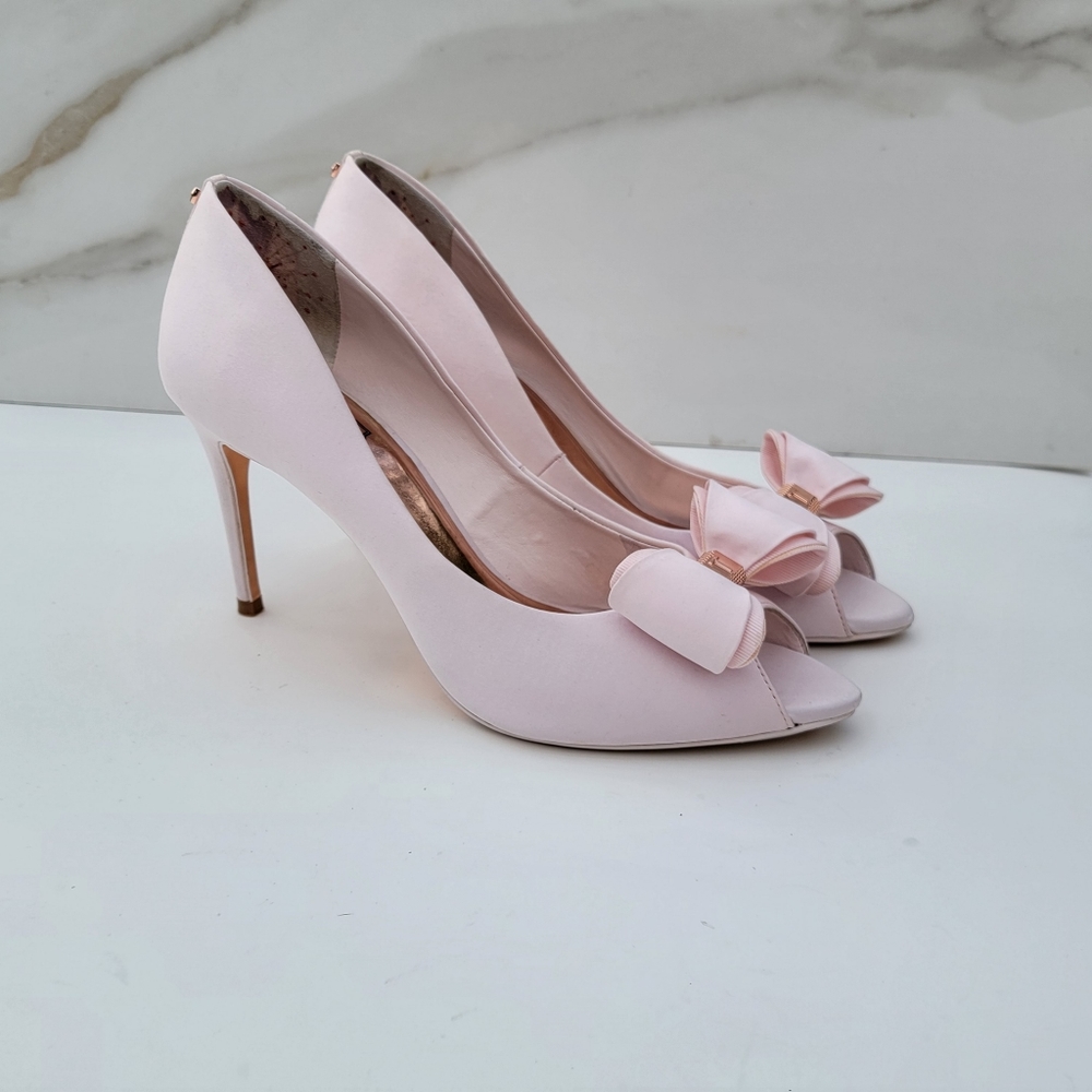 Ted Baker | Satin Peep Toe Pumps with Bow & Rose Gold Embellishment Size 40